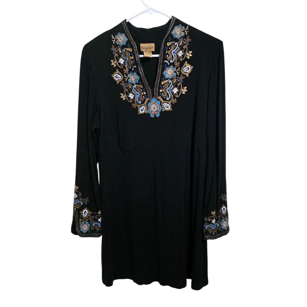 Midnight Velvet Long Sleeve Dress Floral Painted Design Sz Large